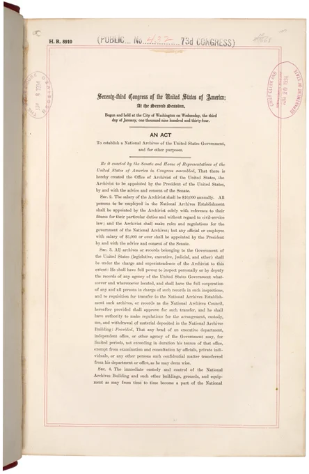 Page 1 of the "National Archives Act." NAID: 299840