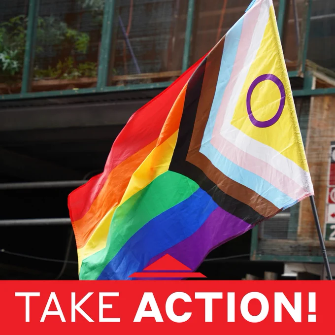 This is a photo of the Progress Pride Flag with the words TAKE ACTION!