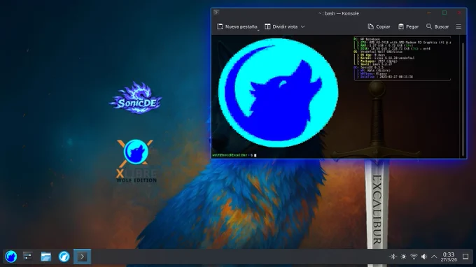 A screenshot of SonicDE 6.3.5 running on Vendefoul Wolf Linux Excalibur series, a distribution based on Devuan.