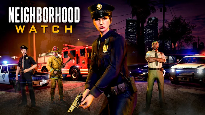 Neighborhood Watch poster featuring GTA Online characters in different role outfits including LSPD, Firefighter, and Park Ranger outfits. 