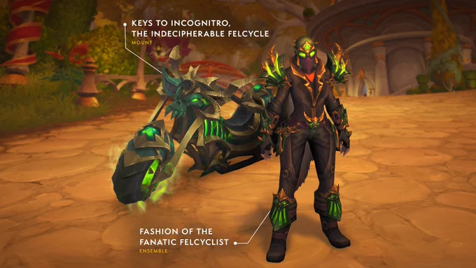 The image features a player character and their mount. The mount is a black and fel green motorcycle with gold metal. The handles are horns that are attached to the demon figurehead on the front of the bike. There is an arrow pointing to the motorcycle with text that reads, \u201C Keys to the Incognitro, the Indecipherable Felcycle - Mount.\u201D To the right of the bike is the player character dressed in matching leather and metal armor. Notably, they have glowing green pauldrons, a helmet, and boots, showing that they are truly bad to the bone. In the background is an opening in Silvermoon City. 