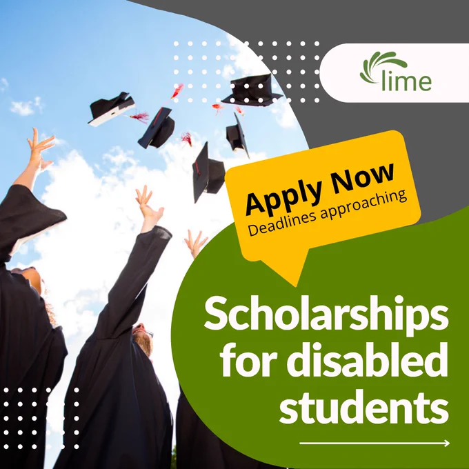 Scholarships for disabled students.  Graduates toss caps in the air towards bright blue sky