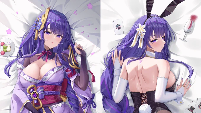 Double-sided Raiden Shogun daki by @DokimaruArt for Heart Club. Elegant purple kimono on front, plus bunny-suit back view.