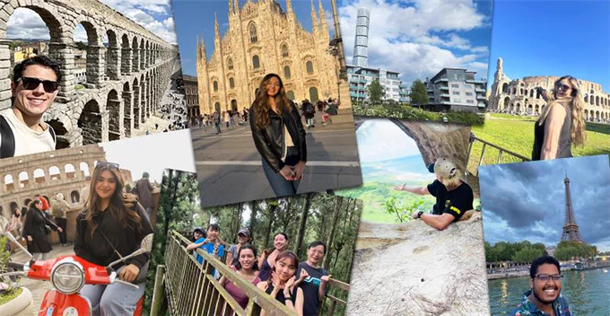 Collage of student travelers posing at iconic European landmarks including the Colosseum, Milan Cathedral, Eiffel Tower and scenic nature spots.