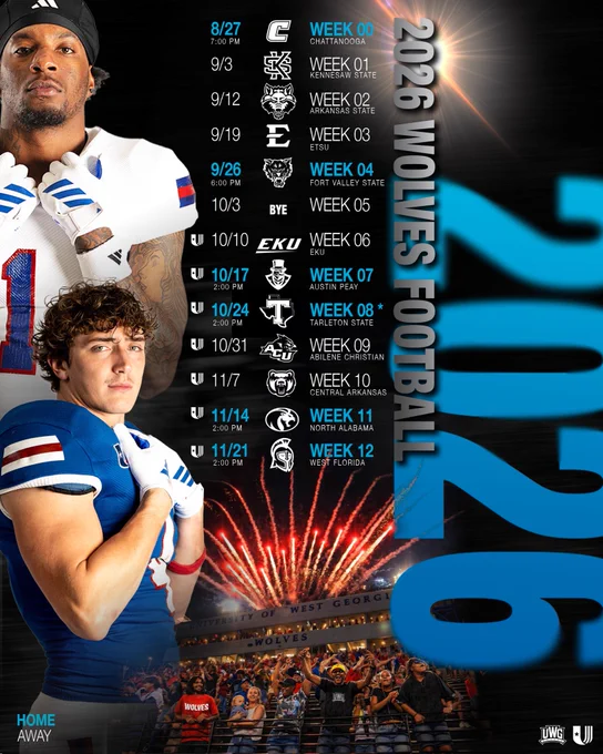 Graphic depicting the 2026 football schedule and features student-athletes Cam Marshall and Josh Schuchts. The schedule Shows week zero on August 27 against Chattanooga, week one on September 3 at Kennesaw State, week two at Arkansas State on September 12, week three at ETSU on September 19, week four on September 26 against Fort Valley State, a bye week on October 3, week six at EKU on October 10, week seven against Austin Peay on October 17, week eight against Tarleton State on October 24, week nine at Abilene Christian on October 31, week 10 on November 7 at Central Arkansas, week 11 on November 14 against North Alabama, and week 12 against West Florida on November 21.