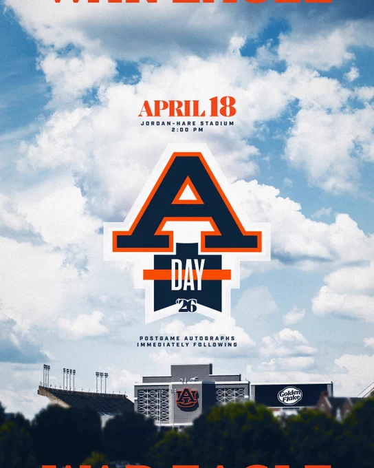 Graphic promoting the A-Day Spring Game in Jordan-Hare Stadium on April 18! Postgame autographs immediately following!