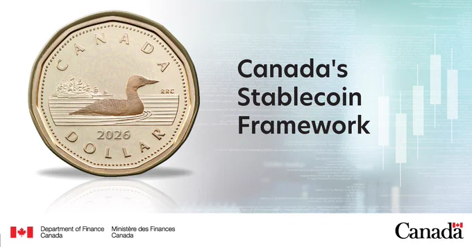 Graphic of Loonie coin with text: “Canada’s Stablecoin Framework”.  Canada wordmark in bottom right corner.