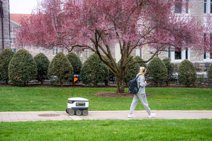 A student passes by a Starship while walking through the Quad, with pink trees, green bushes, and a bluestone building in the background.