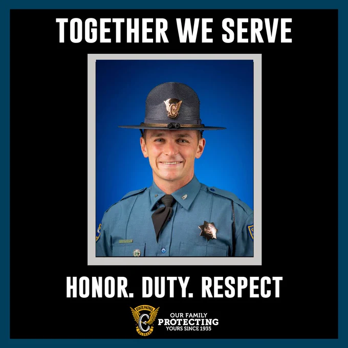 A portrait image of a trooper in uniform and wearing a campaign hat with a blue background. A black border surrounds the trooper with text that reads, "Together we serve," above the trooper's portrait and text, "Honor. Duty. Respect," below the trooper's portrait. A Colorado State Patrol Logo is below the text with text that reads, "Our family protecting yours since 1935."  
