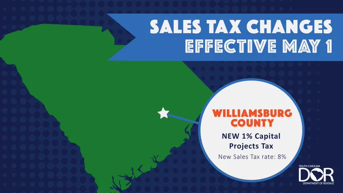An outline of South Carolina highlighting a new Sales Tax rate for Williamsburg County (8%)