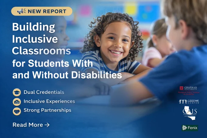 Graphic promoting a new report. Image of a young student smiling. Text says: New Report. Building Inclusive Classrooms for All. New research on dual credential pathways.  Dual Credentials, Inclusive Experiences, Strong Partnerships. Read More
