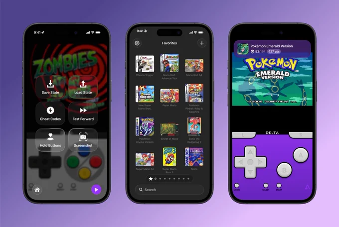 Promo image of three screenshots showing Delta's Liquid Glass pause menu, the new favorites page, and a RetroAchievements banner showing progress in Pokemon Emerald Version.
