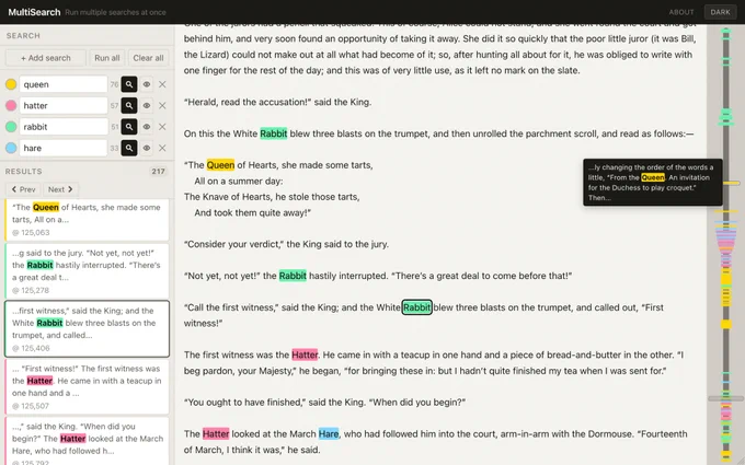 Screenshot of MultiSearch showing multiple searches highlighted in different colors