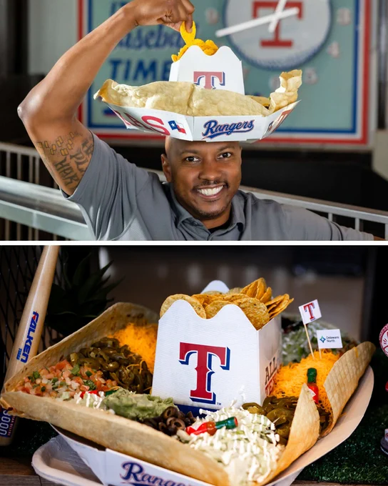 Top photo: A person wearing a "Rally Sombrero." They're reaching up to grab a chip from the top of the hat.

Bottom photo: A detail photo of a "Rally Sombrero," filled with chips, cheese, jalapeños and other toppings.