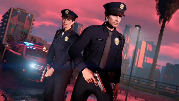 Two GTA Online characters wearing the LSPD Officer Uniforms. 