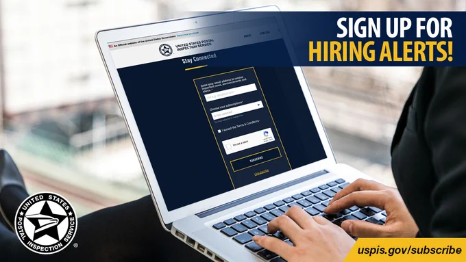 Person using a laptop to register for hiring alerts from the U.S. Postal Inspection Service with the text, "Sign up for hiring alerts!"