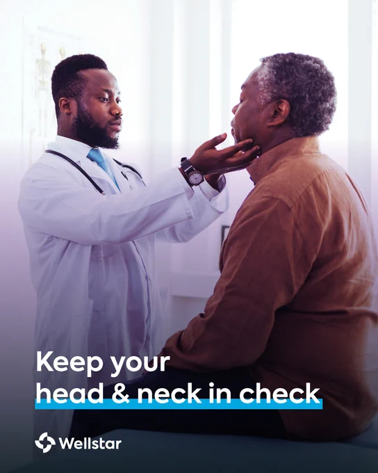 Clinician examining patient's neck. Text reads \"Keep your head & neck in check\"