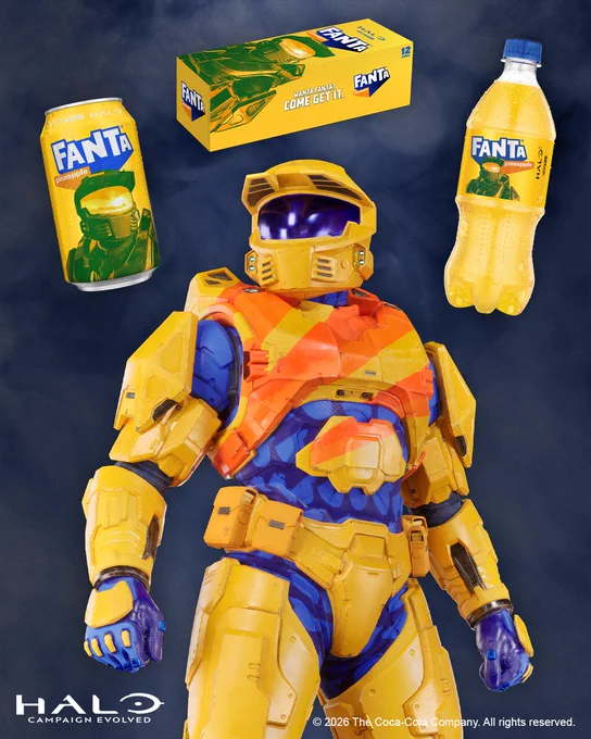 Master Chief wearing the orange and yellow Fantastic Spartan armor, beneath images of cans, bottles and packages of pineapple Fanta.