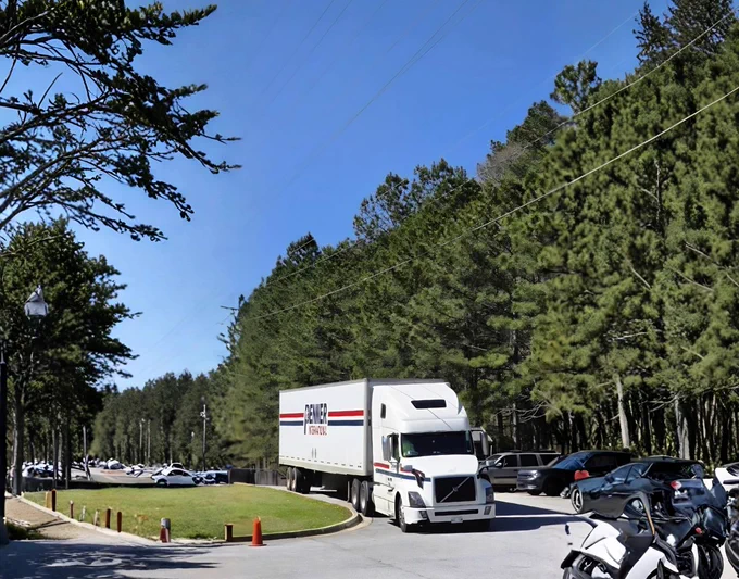 A white Penner International transport truck drives along a curved road on a bright sunny day, surrounded by tall green trees, parked cars, and motorcycles under a clear blue sky.A white Penner International transport truck drives along a curved road on a bright sunny day, surrounded by tall green trees, parked cars, and motorcycles under a clear blue sky.