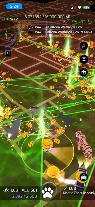 Ingress' 2026 April Fools joke "Farmgress" with Agent Avatar charms, including a cat, dog, horse, chicken, tiger, NL-1331, and Toasty