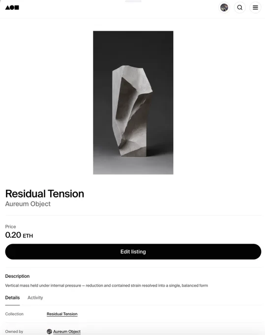 Screenshot of "Residual Tension" by Aureum Object listed on Foundation. Price: 0.20 ETH. Black and white photo of an angular AI-generated stone sculpture on a grey background