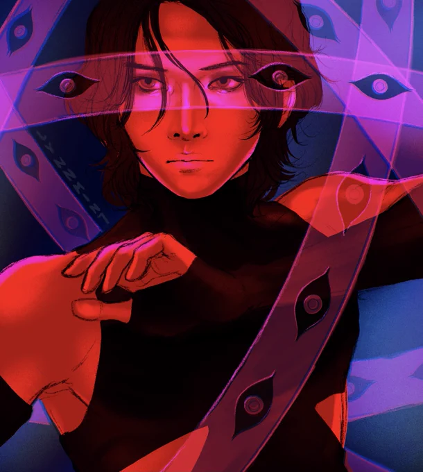 ateez yeosang in legacy-like styling bathed in red-pink light, surrounded by wheels with eyes on them like depictions of throne angels