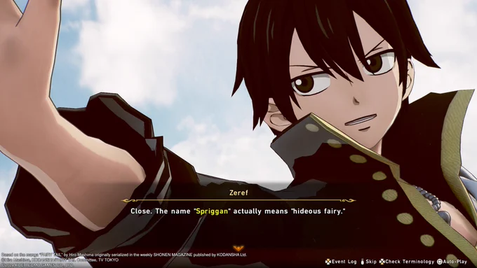 Zeref explaining the meaning of "spriggan" as "hideous fairy".
Fairy Tail 2