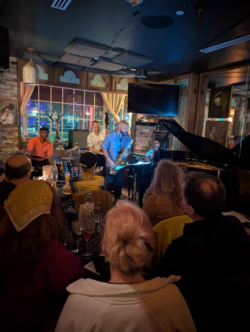 A live jazz band performing at the Bayou Bar in New Orleans.