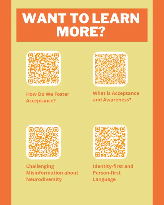 A resource page that provides additional information about Autism Acceptance Month. A top centre title reads, want to learn more?  There are 4 QR codes below the title. Top left is a QR code that leads to an article on how to foster acceptance? At the right top is a QR code that leads to an article on what Acceptance and Awareness is? At the bottom left is a QR code that leads to an article that challenges misinformation about neurodiversity. At the bottom right is an article about Identity-first and Person-first Language. 