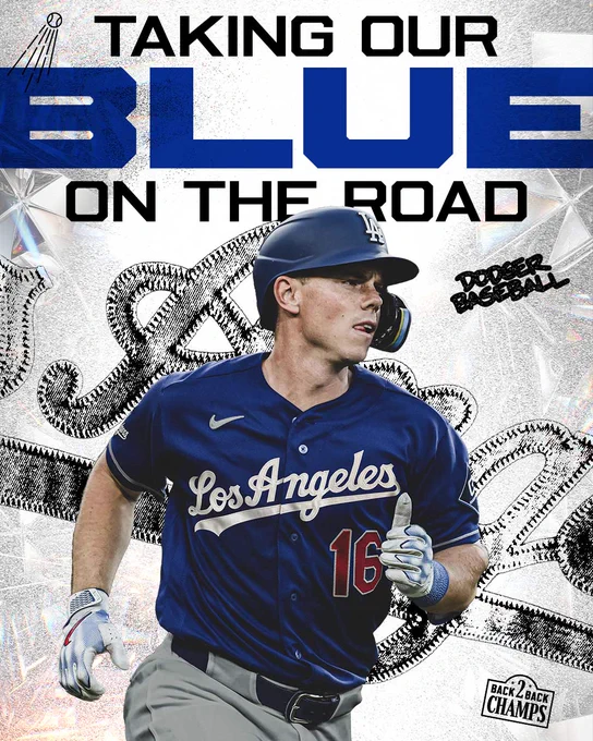 A graphic that says "taking our blue on the road" with a cutout of Will Smith in the new blue road jersey for the Los Angeles Dodgers.