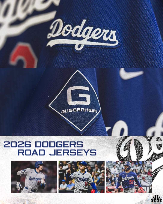 A graphic with a closeup of the sleeves of the new blue road jersey for the Los Angeles Dodgers with photos of Shohei Ohtani, Yoshinobu Yamamoto and Mookie Betts.