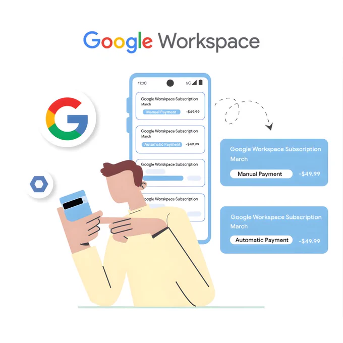 An illustration of a man holding a smartphone with a background showing Google Workspace charges.