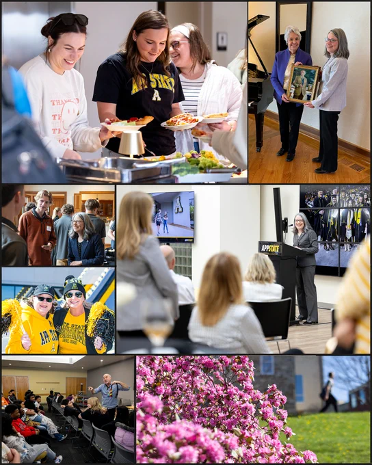 This collage features several scenes: students at a Hickory campus pizza party; Chancellor Norris with former first lady Kay Borkowski; Chancellor Norris addressing visitors to the Hickory campus. A scene from the Hickory campus block party; a science demonstration for young students, and azaleas in bloom on the Boone campus.