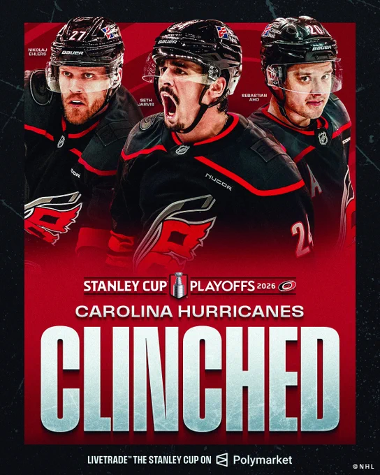 Top: Nikolaj Ehlers, Seth Jarvis and Sebastian Aho on ice in Hurricanes' uniforms.\n\nMiddle: The Carolina Hurricanes' logo behind Jarvis with gold and white text reading \u201CStanley Cup Playoffs 2026\u201D and \u201CCarolina Hurricanes\" alongside the Stanley Cup Playoffs and Hurricanes' logos.\n\nBottom: Large white text reading \u201CClinched.\u201D Below, smaller white text reads \u201CLive trade the Stanley Cup on Polymarket.\u201D