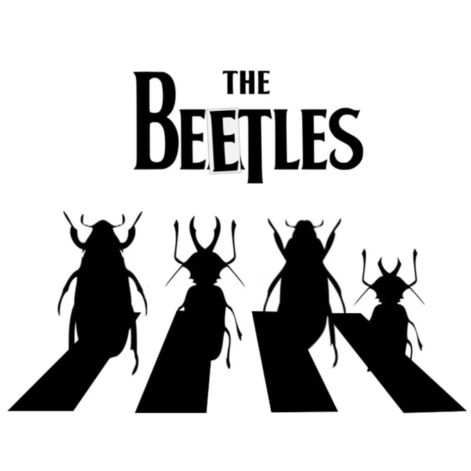 A white background with a black image of four beetles walking on a crosswalk under the words The Beetles. The second E in Beetles is taped over a different letter.