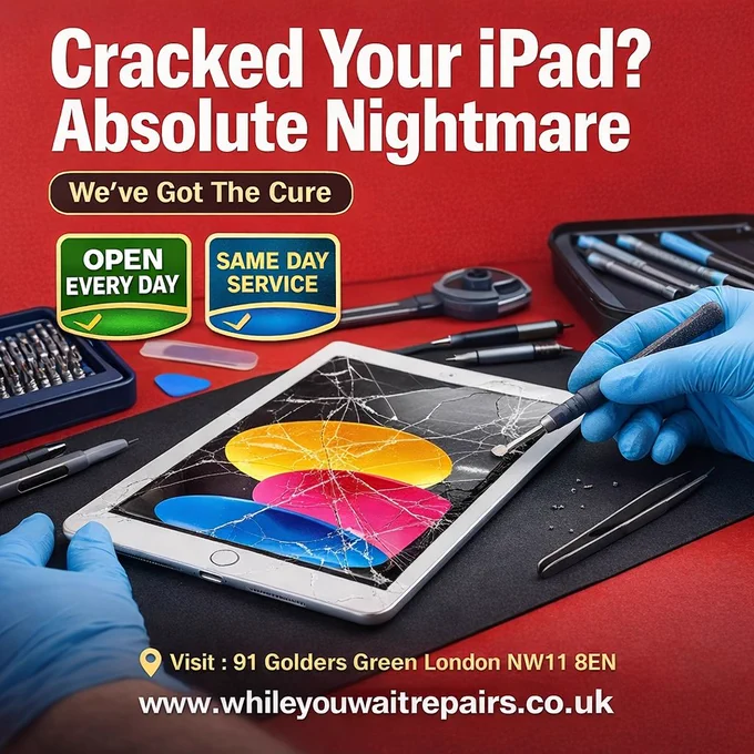 📱 NW London! Did Your iPad Just Meet the Floor? 😬
We know that sinking feeling — one slip and your screen looks like a spider built a web on it. 😤
While You Wait Repairs has been fixing cracked iPads (and broken hearts 💔) right here in Golders Green — and we do it SAME DAY while you wait! ✅
🟢 Open EVERY single day — yes, weekends too!
⚡ Same Day Screen Repair — in & out, job done
📍 91 Golders Green Rd, London NW11 8EN — just walk in!
🌐 www.whileyouwaitrepairs.co.uk

🙋 Tag a friend in NW London who's walking around with a cracked screen right now 👇👇
(We all know at least one person 😂)
