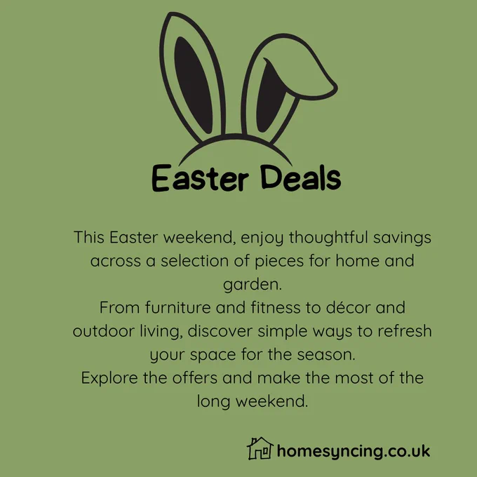 Minimalist promotional graphic on a soft blue background featuring illustrated bunny ears above the heading “Easter Deals”. Below, centred text describes seasonal savings on home and garden items for the Easter weekend. At the bottom, the website homesyncing.co.uk appears alongside a simple house icon.