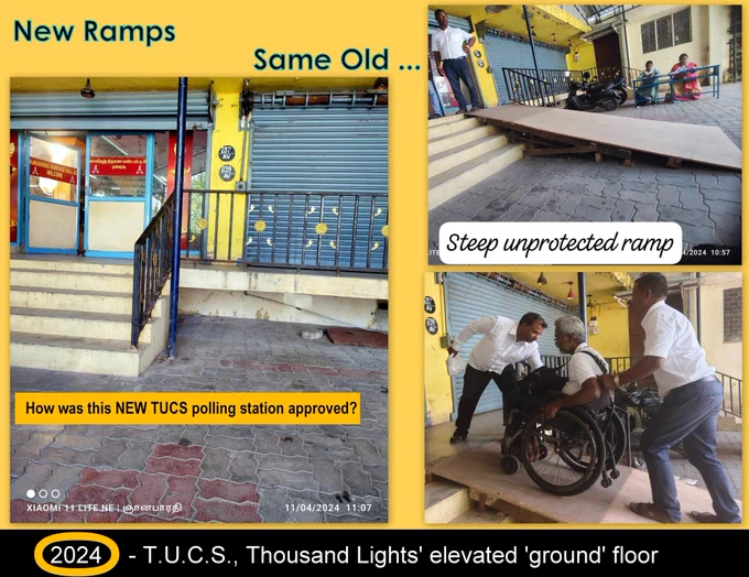 Montage of 2024 election photos of same TUCS booth in Thousand Lights Constituency - a plywood plank has been placed on the 4 steps at a steep plank and 2 people are hauling para athlete Gnana Bharathi and his wheelchair up the unsafe incline.