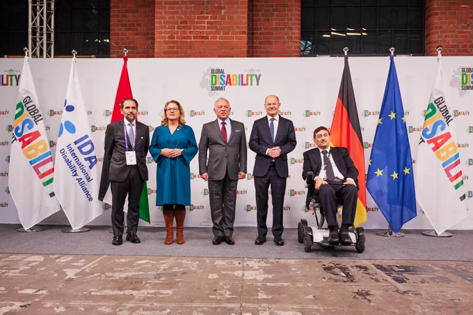 Photo of dignitaries on Day 1 of GDS in Berlin including King of Jordan, King Abdullah II bin Al-Hussein, German Chancellor, Olaf Scholz and IDA President, Nawaf Kabbara.