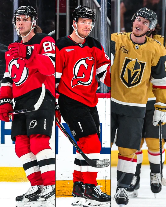 Jack Hughes, Jesper Bratt and Mitch Marner on ice in their respective team's uniforms.