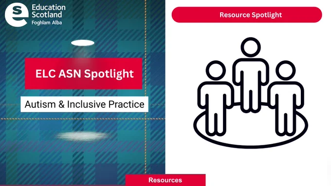 ELC ASN Spotlight by Education Scotland emphasizing Autism and Inclusive Practice with a minimalist trio of figures in a circle.