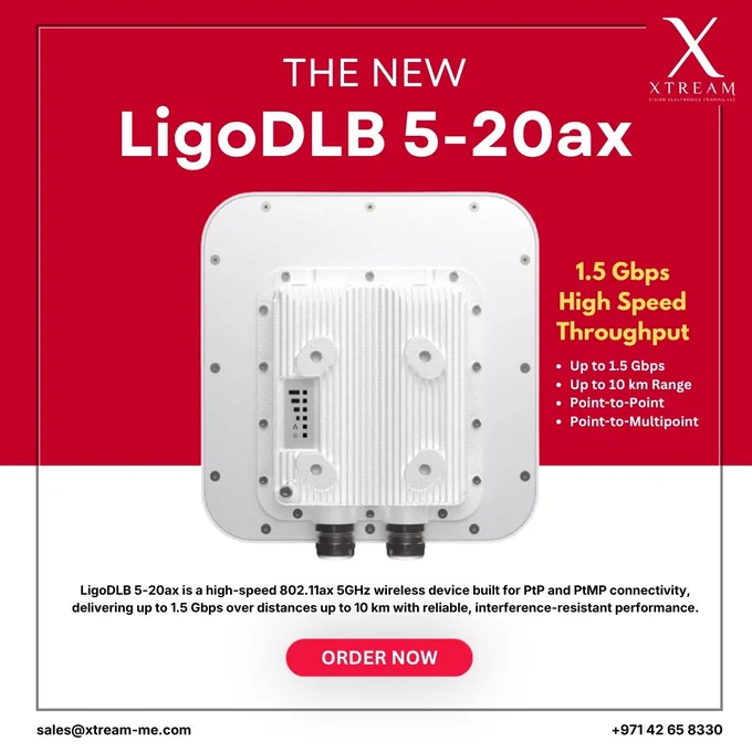 Upgrade your wireless network with the all-new LigoDLB 5-20ax from LigoWave 🚀

Delivering up to 1.5 Gbps throughput and long-range connectivity up to 10 km, this powerful 802.11ax solution is built for both Point-to-Point (PtP) and Point-to-Multipoint (PtMP) deployments.

✔ High-speed performance
✔ Reliable & interference-resistant
✔ Perfect for ISP & enterprise networks

Get in touch today and take your connectivity to the next level!

📧 sales@xtream-me.com
📞  971 42 65 8330

#WirelessNetworking #LigoWave #ISP #PtP #PtMP #NetworkingSolutions #Xtream #WiFi6 #telecommunications