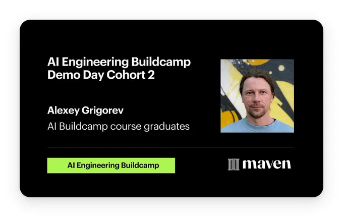 A portrait of Alexey Grigorev, featured in an announcement for the AI Engineering Buildcamp Demo Day Cohort 2 event.