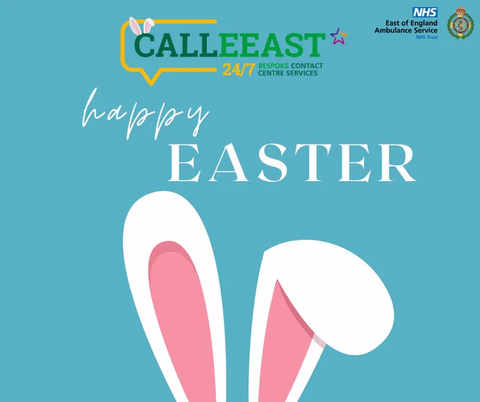 Call East NHS 24/7 contact center Easter greeting with bunny ears on blue background.
