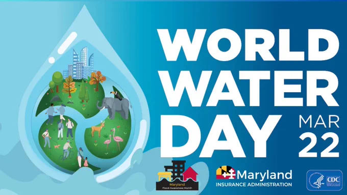 World Water Day is March 22. A drop of water with industry, animals, and people reflecting the use of water in agriculture. 