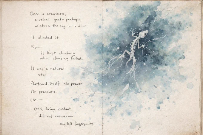 Hand-written poem illustrated with a watercolour painting of a gecko climbing a starry sky