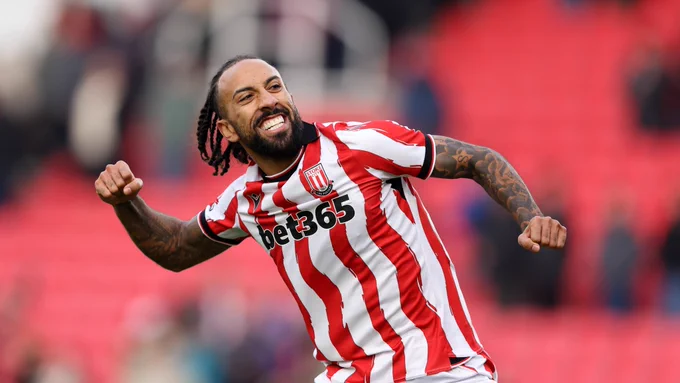 Sorba Thomas celebrates after Stoke City beat Swansea City 2-1 at the bet365 Stadium in December.
