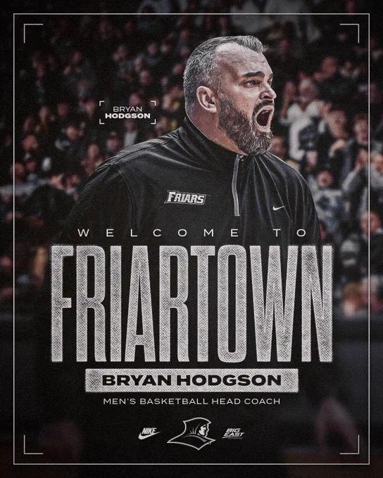 Welcome to Friartown Bryan Hodgson Men's Basketball Head Coach, Friar hea logo , BIG EAST Logo, Nike Logo, Bryan Hodgson in black Providence Friars quarter zip coaching in a game