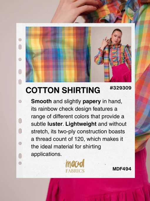 Cotton Shirting fabric slide featuring rainbow check cotton shirting fabric swatch and a finished blouse with text reading COTTON SHIRTING and a description noting smooth slightly papery hand, lightweight two ply construction, subtle luster, and suitability for shirting applications, Mood Fabrics branding and product codes visible