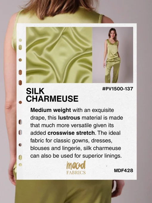 Silk Charmeuse fabric slide showing green silk charmeuse fabric swatch and a matching sleeveless top and trousers with text reading SILK CHARMEUSE and a description noting medium weight, lustrous drape, crosswise stretch, and suitability for gowns, dresses, blouses, lingerie, and linings, Mood Fabrics branding and product codes visible